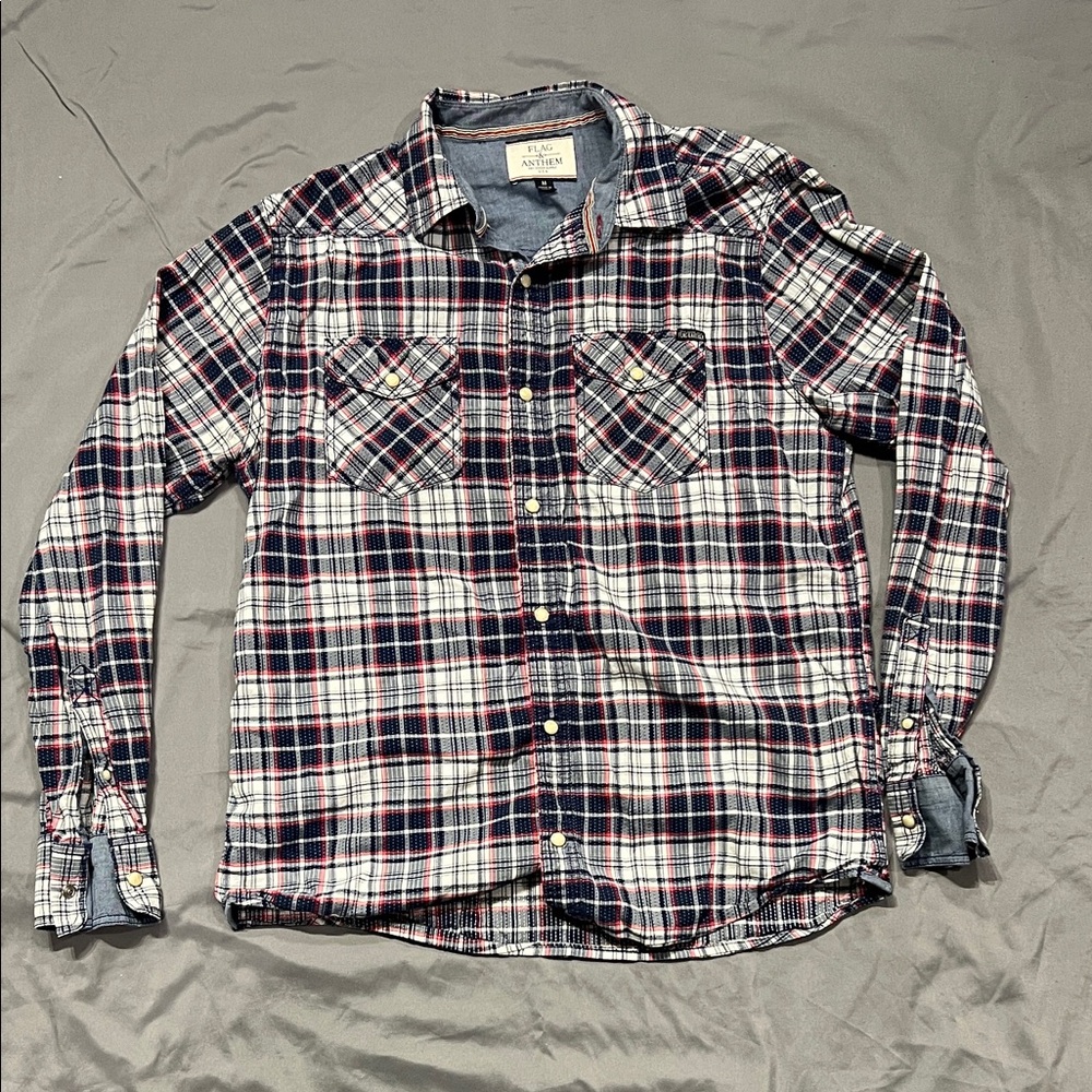 Men's Plaid Button-Down Shirt - Blue, Red, and White